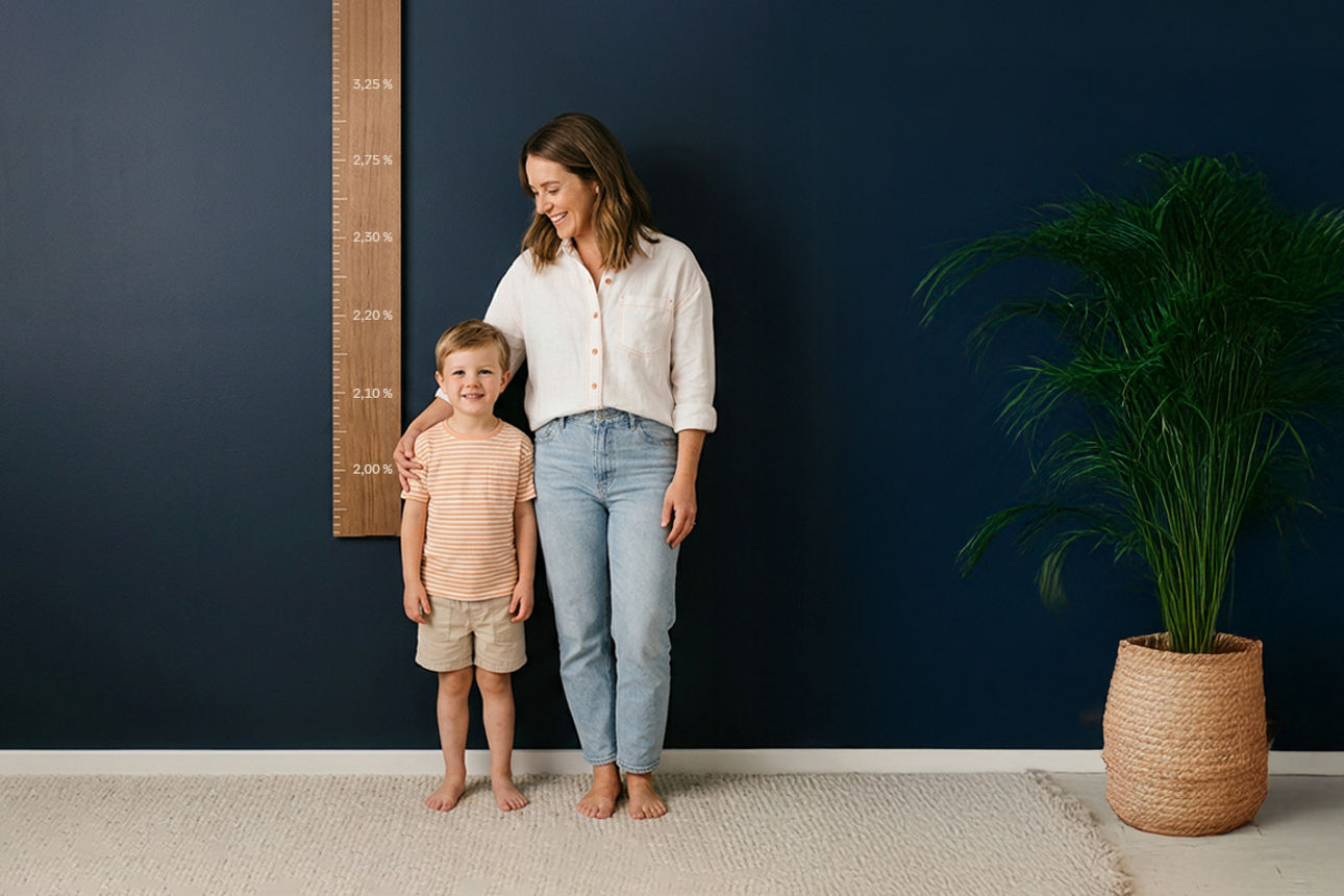 Mutter und Sohn im Kinderzimmer vor Messlatte mit Zinssätzen