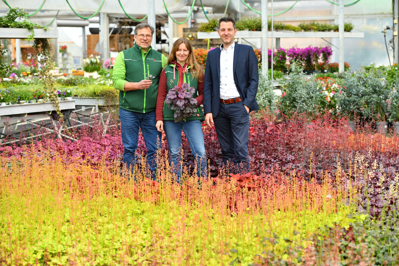 Finanzberater besucht seine Kunden, ein Ehepaar, das eine Gärtnerei führt