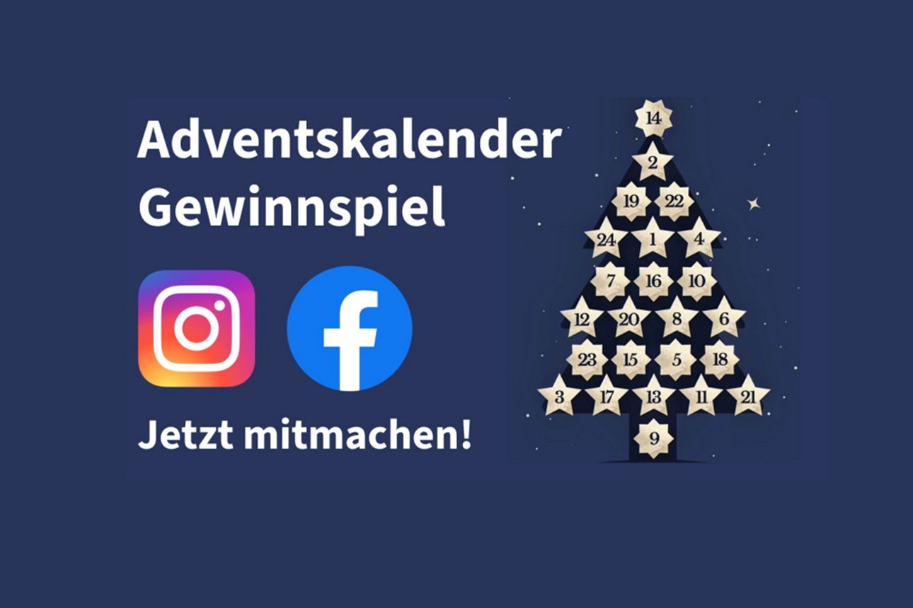 Weihnachtsbaum aus Sternen und Plätzchen mit Aufschrift "Adventskalender Gewinnspiel" + Social Media Icons
