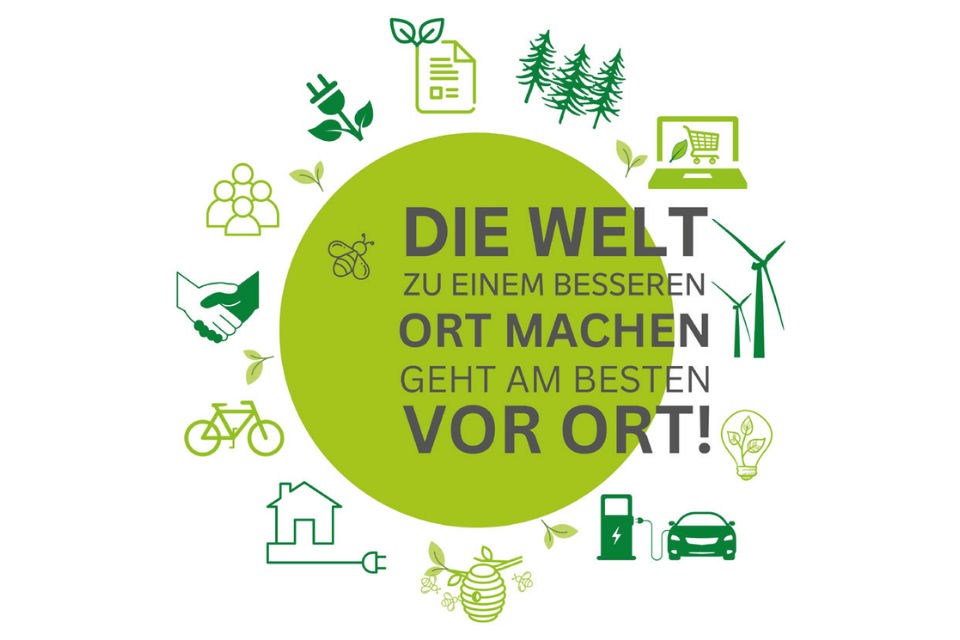 Ein grüner Kreis mit dem Text "Die Welt zu einem besseren Ort machen geht am besten vor Ort!" ist umgeben von Symbolen für Na
