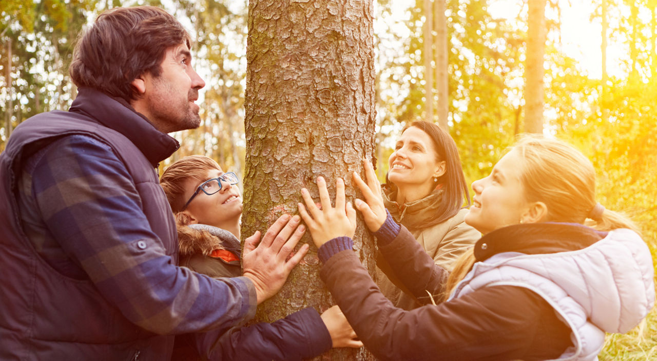 Ein Mann, eine Frau und zwei Kinder im Wald an einem Baum