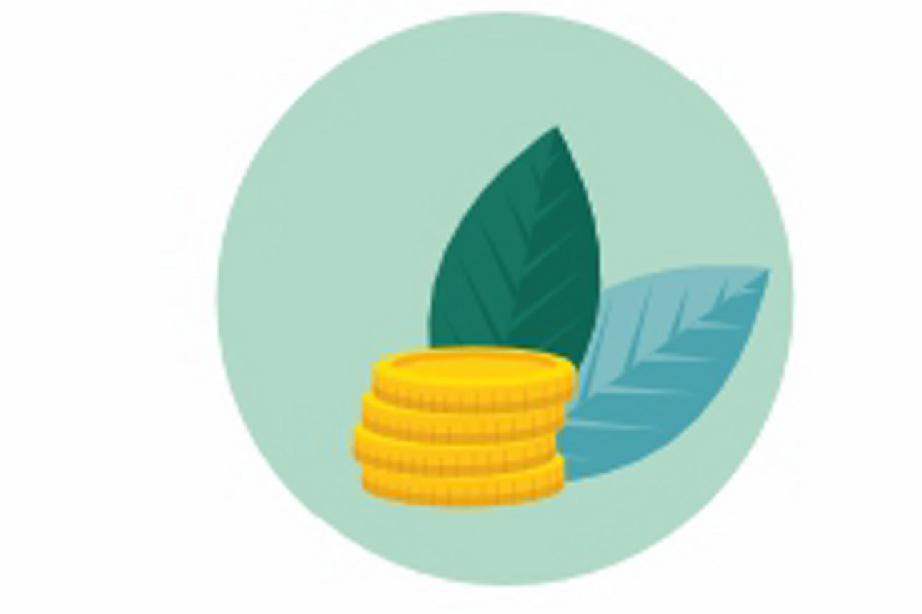 Zeichnung von vier gestapelten Münzen vor zwei grünen Blättern