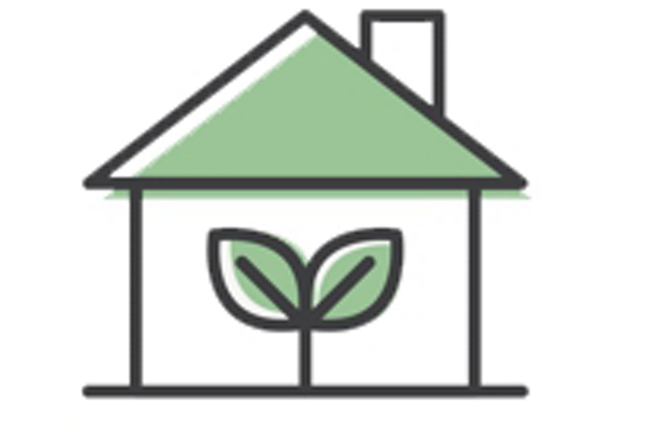 Zeichnung eines Hauses mit grünem Dach und einer Pflanze mit zwei Blättern im inneren
