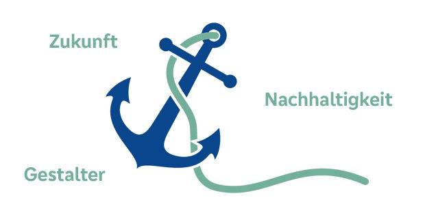 Blauer Anker mit den Wörtern: Gestalter, Zukunft, Nachhaltigkeit
