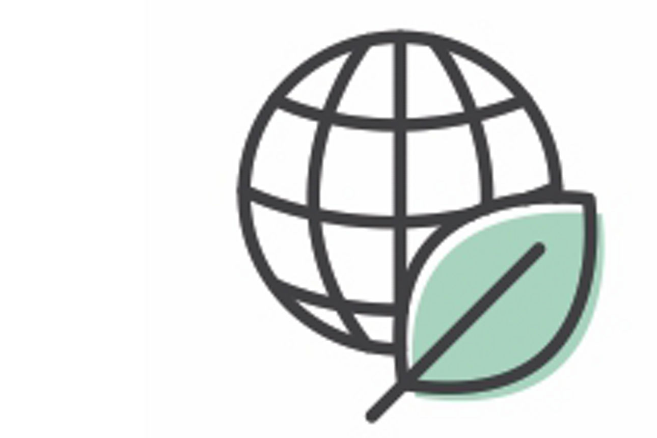 Zeichnung einer stilisierten Erdkugel mit einem grünen Blatt im Vordergrund