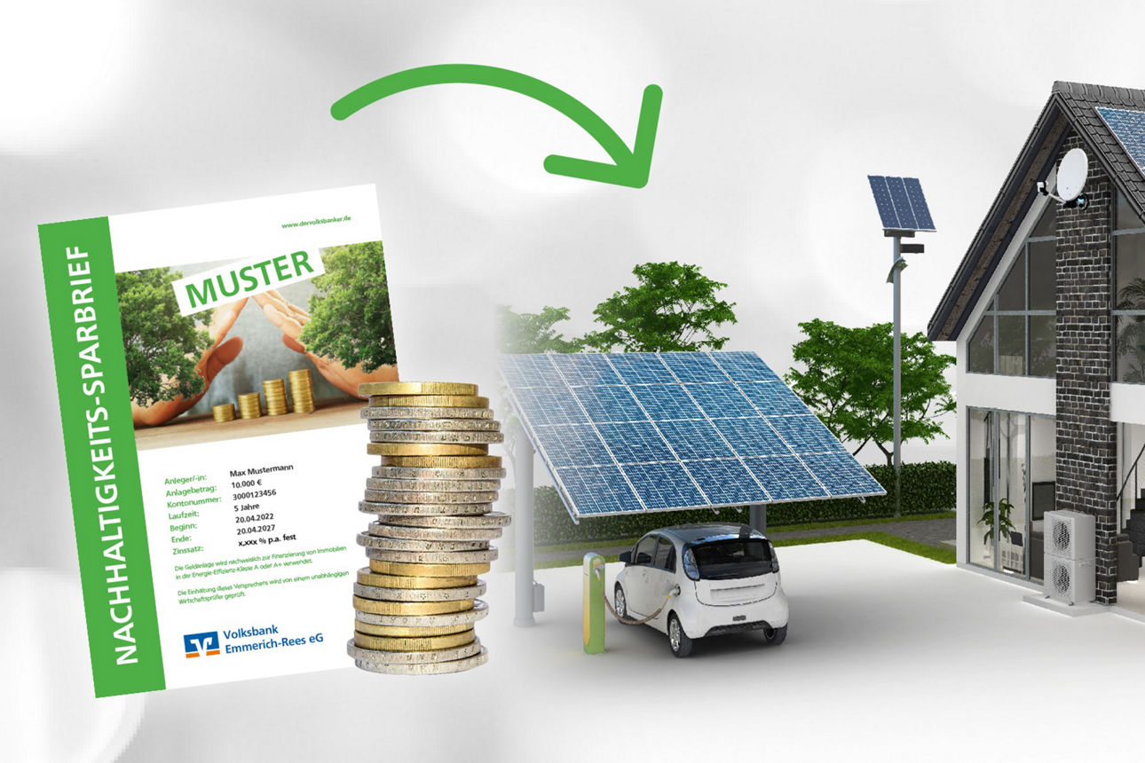 ein Sparbrief, Geld, eine Solaranlage mit E-Auto und das Modell eines Hauses nebeneinander