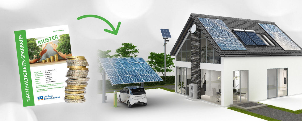 ein Sparbrief, Geld, eine Solaranlage mit E-Auto und das Modell eines Hauses nebeneinander