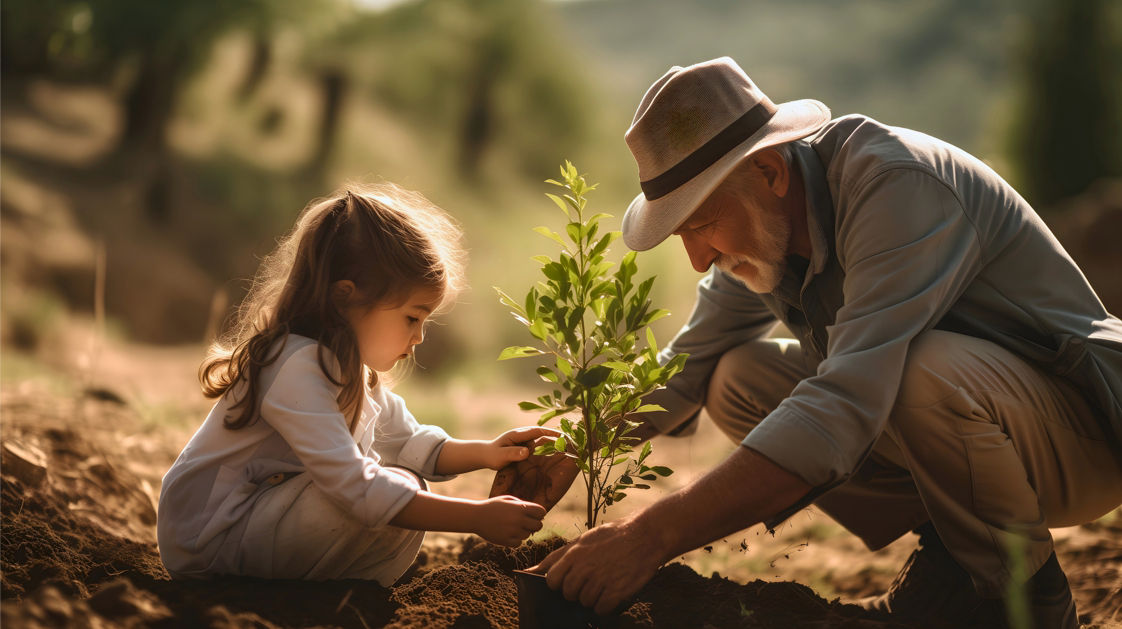Kind pflanzt mit Großvater einen Baum