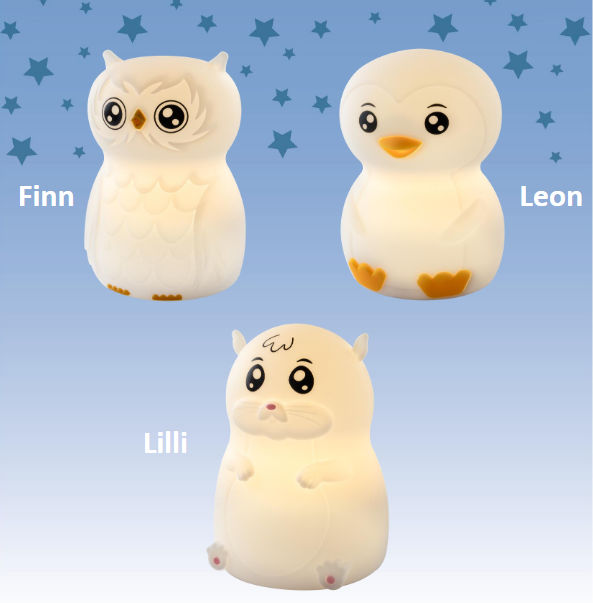 Drei Nachtlichter in weiß in Form einer Eule, eines Pinguins und eines Hamsters