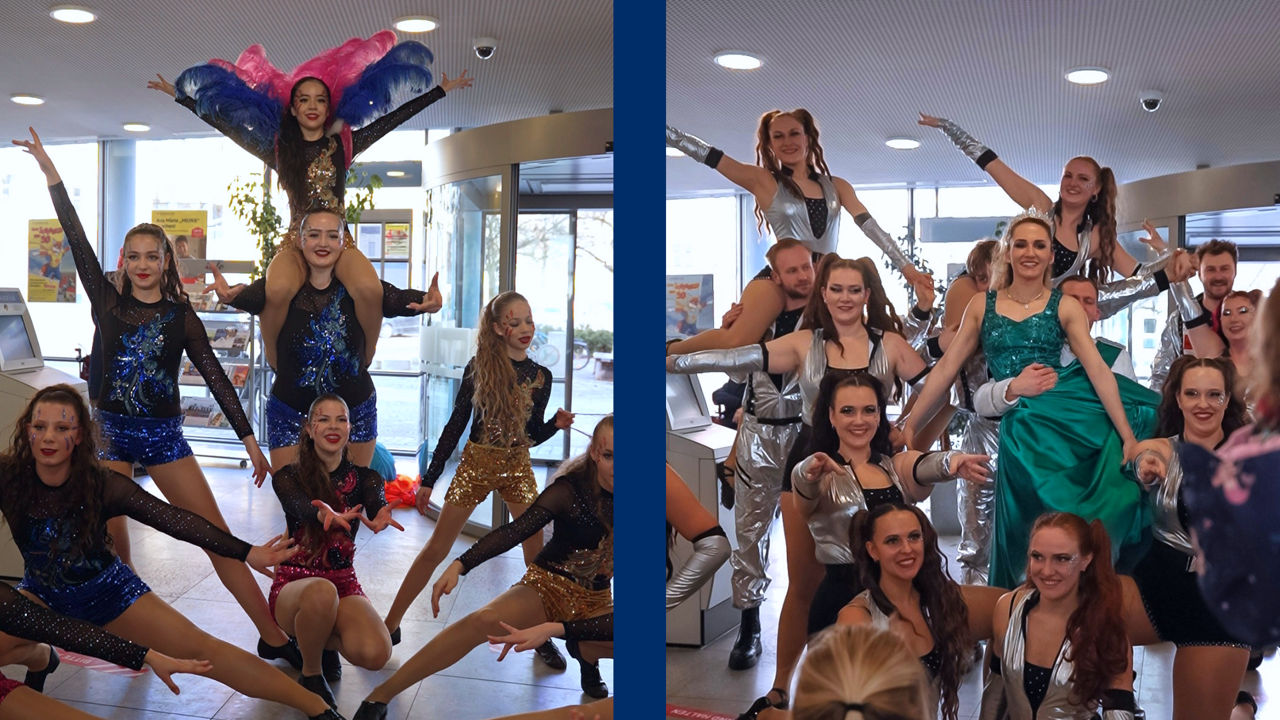 Collage aus zwei Fotos. zwei Gardegruppen in blauen und silbernen Kostümen stellen Hebefiuren da; rechtes Bild mittig die Faschingsprinzessin in grünem Kleid mit je einer Hebefigur