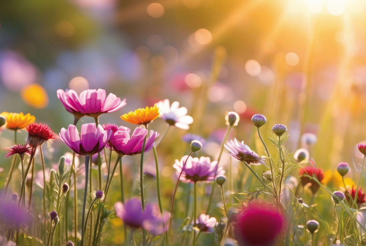 Eine schöne Blumenwiese bei Sonnenschein.