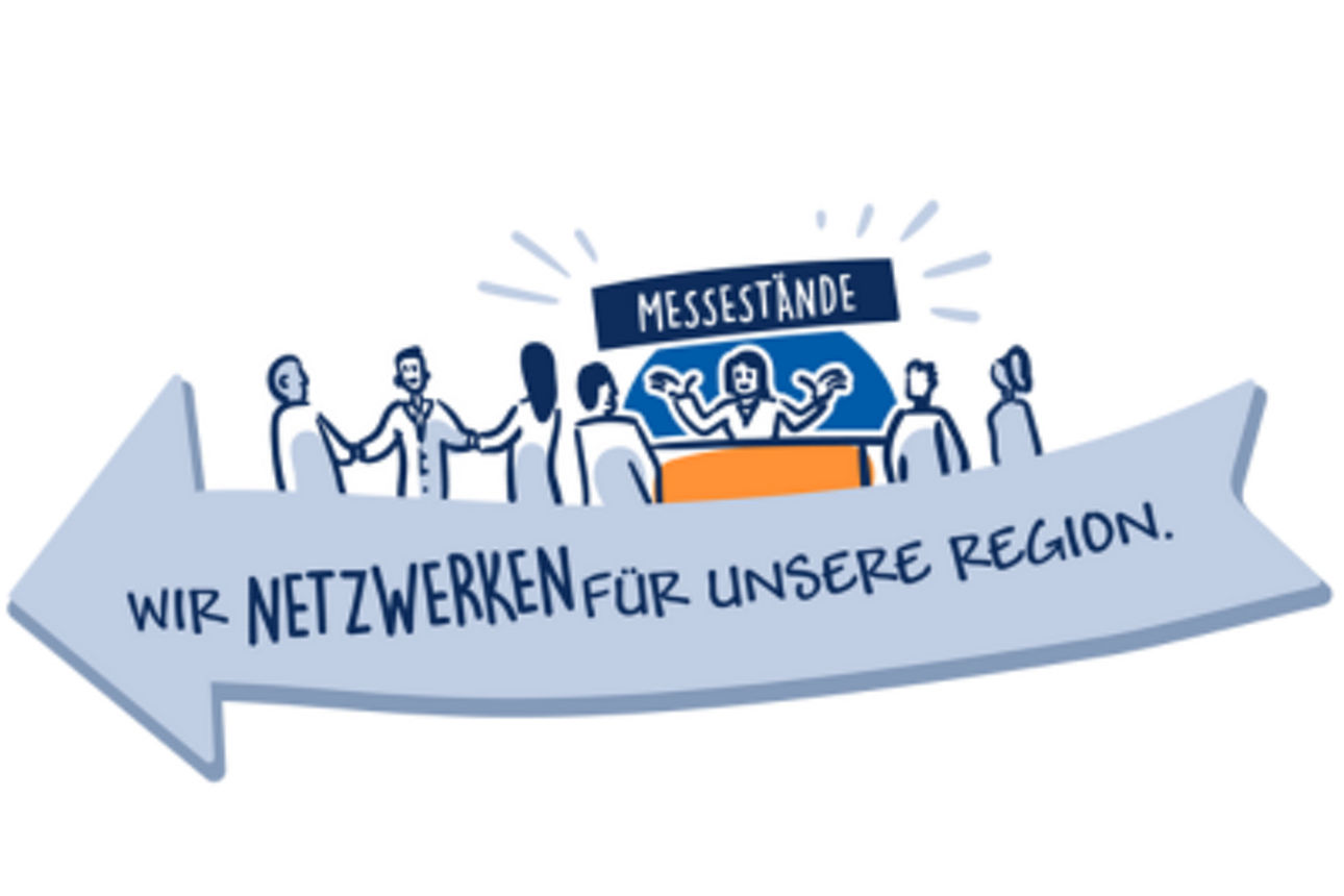 Eine illustrative Zeichnung zeigt mehrere Menschen, die sich an einem Messestand vernetzen.