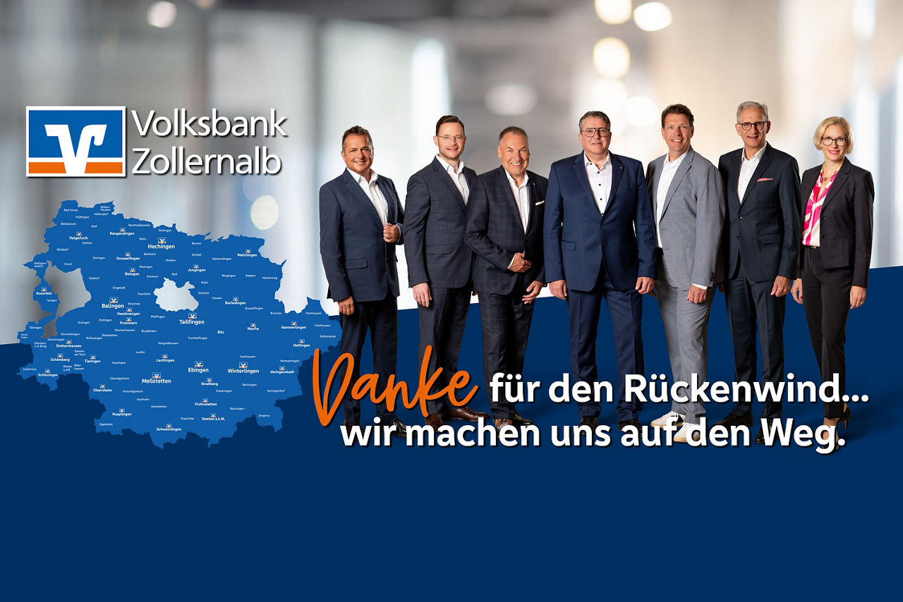 Darstellung der zukünftigen Volksbank Zollernalb mit dem neuen Vorstandsteam sowie dem Slogan "Danke für den Rückwind..., wir machen uns auf den Weg."