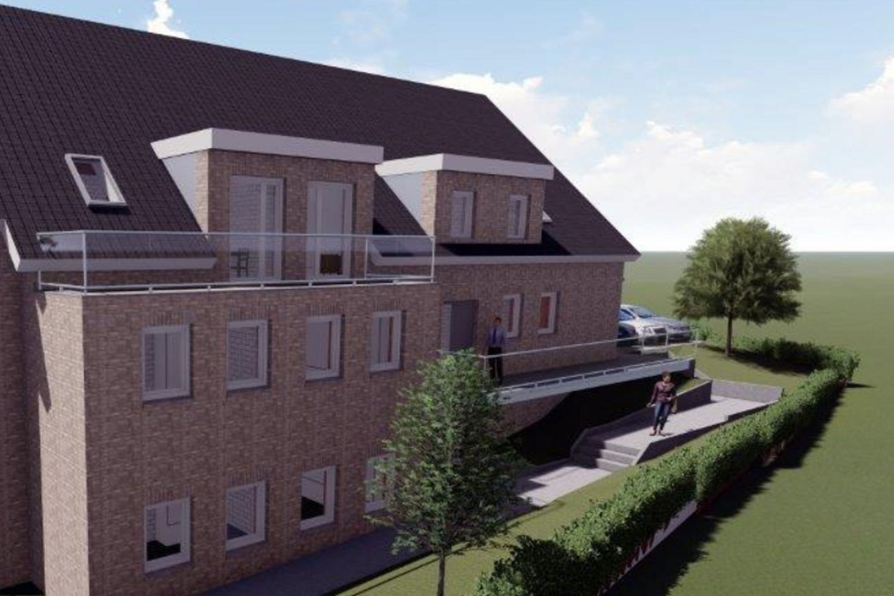 Darstellung eines Mehrfamilienhauses auf einer grünen Wiese.