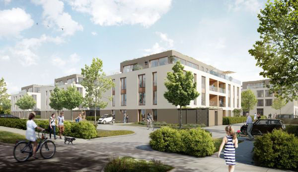 Moderne Wohngebäude mit Balkonen, umgeben von Bäumen, Sträuchern und Gehwegen. 