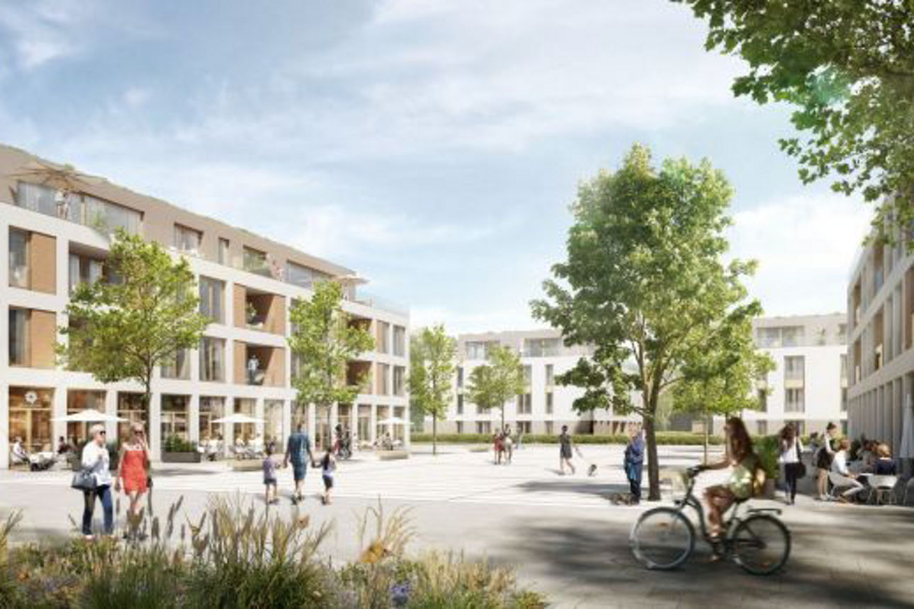 Mehrstöckige Wohngebäude mit Balkonen, umgeben von Grünflächen, Bäumen und Gehwegen.