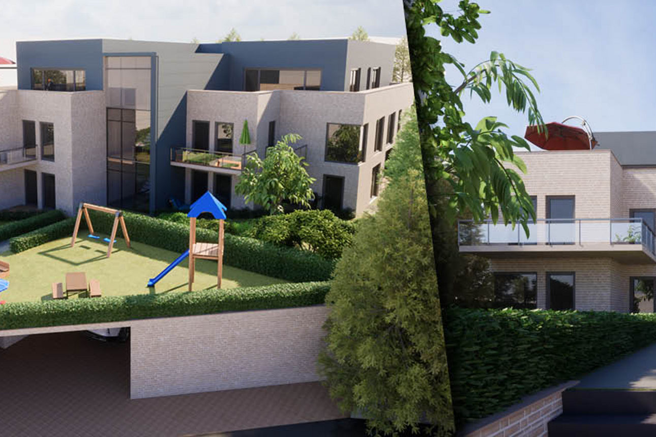 Neubau einer Immobilie in grafischer Darstellung und als Rohbau
