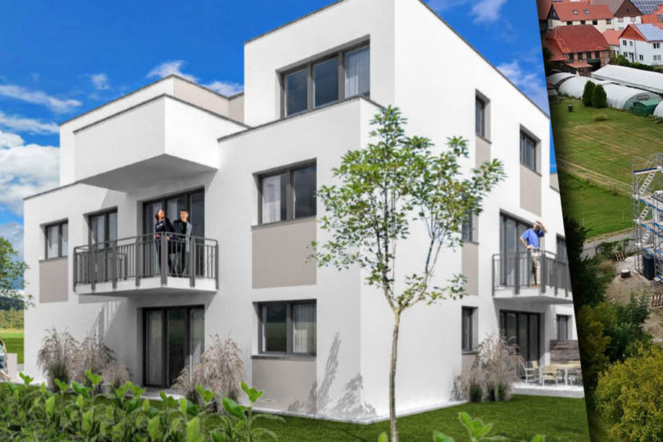 Neubau einer Immobilie in grafischer Darstellung und als Rohbau