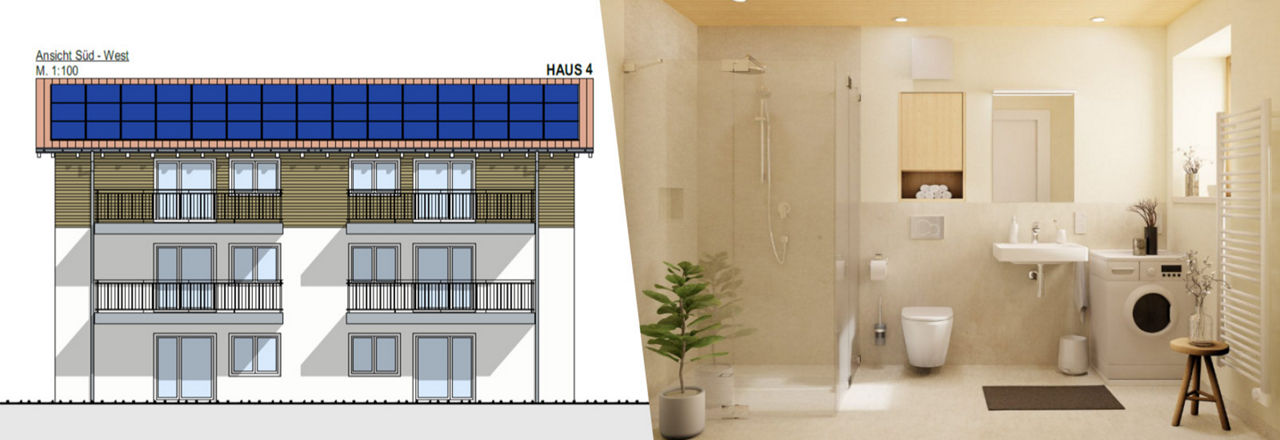 Links: Skizze vom Haus 4, rechts: Architekturbild und Badezimmerdesign. Sonnenkollektoren auf dem Dach, moderne, helle Sanitäranlagen.