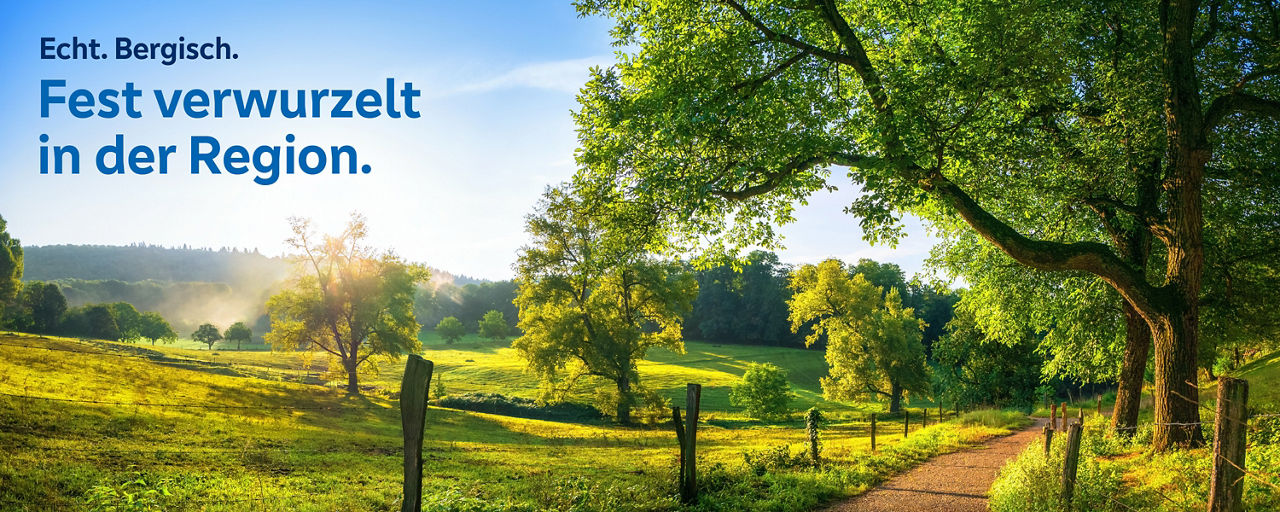 Wanderweg mit umliegenden Wiesen und Bäumen. Darauf ist der Schriftzug: Echt Bergisch. Fest verwurzelt in der Region.