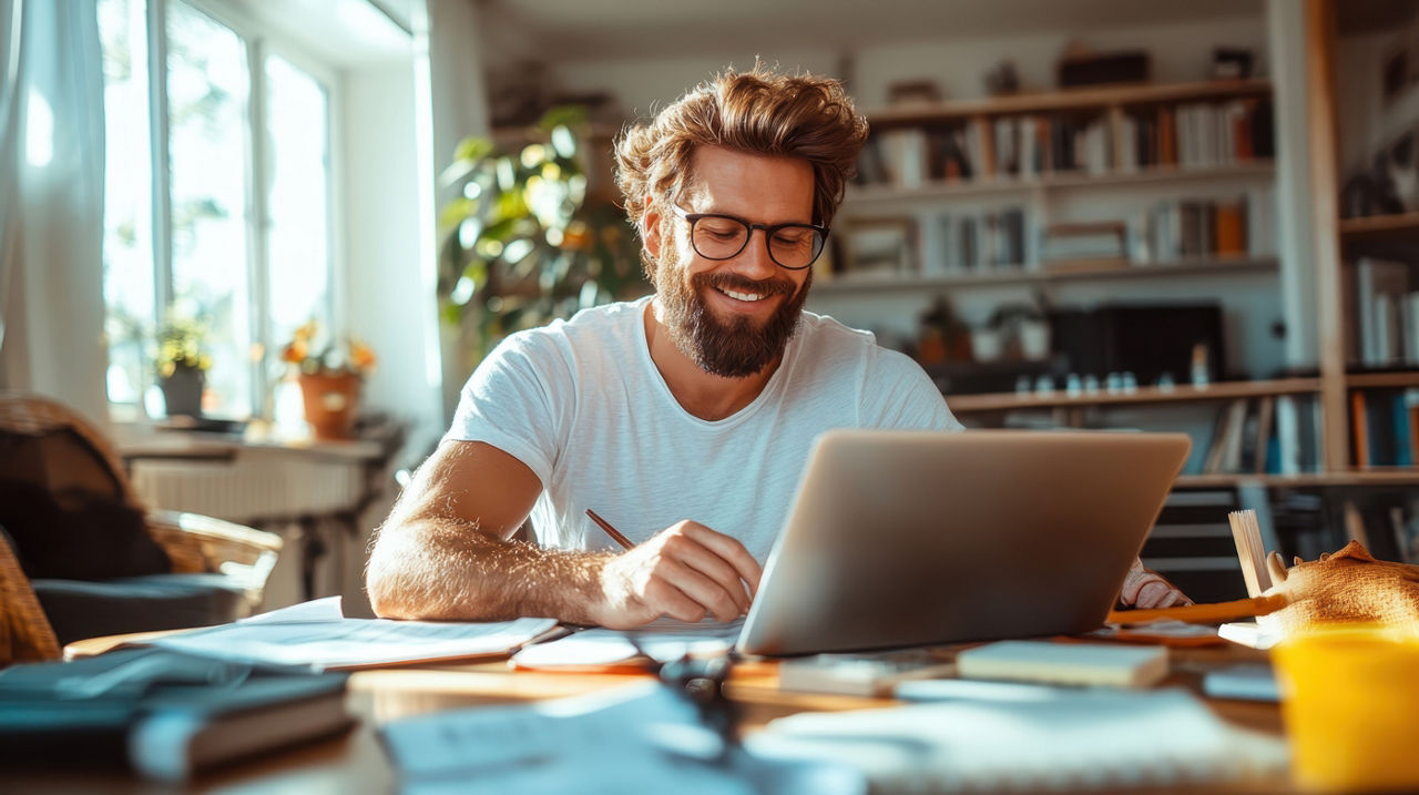 Mann arbeitet zu Hause am Lapotop