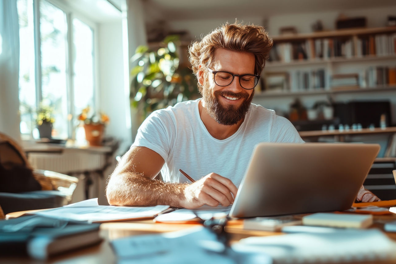 Mann arbeitet zu Hause am Lapotop