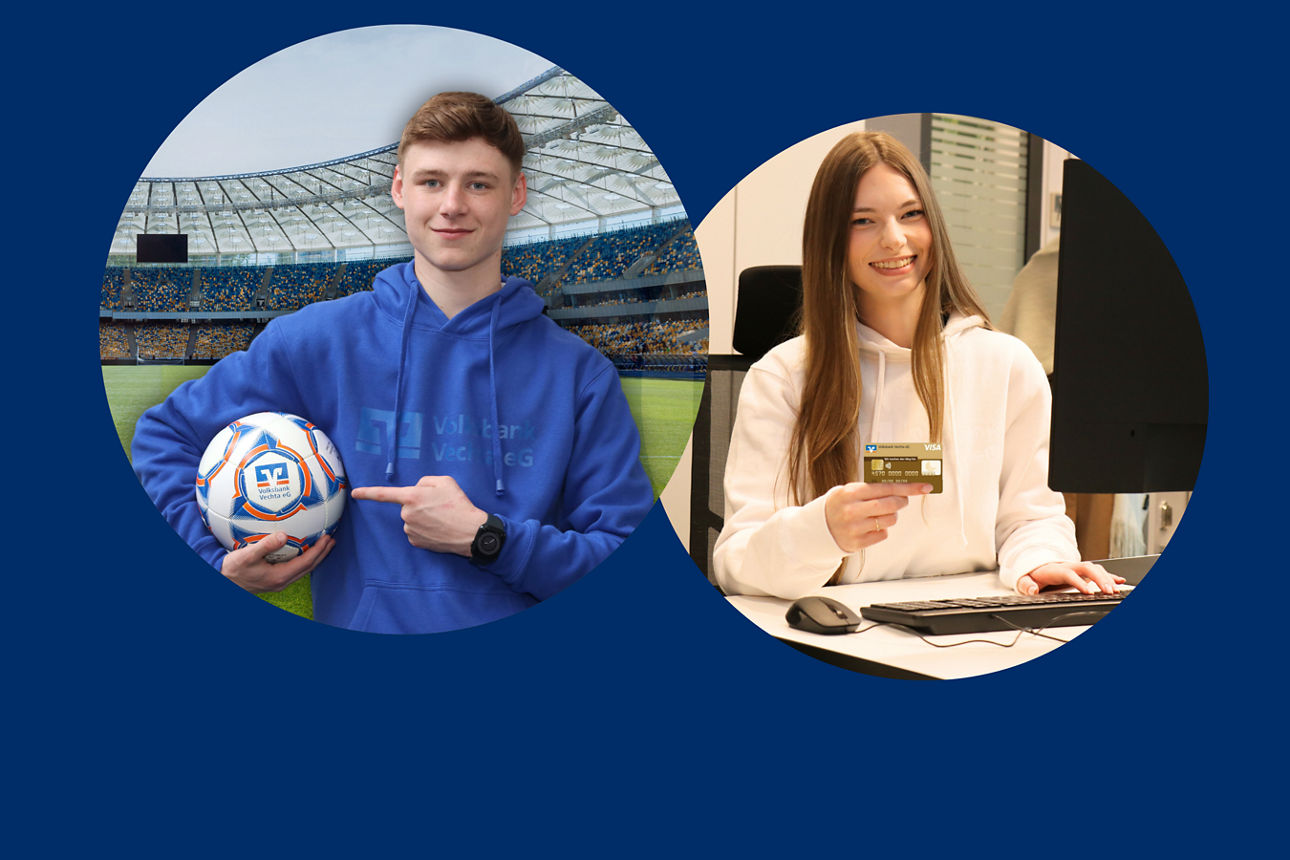 Ein Mitarbeiter hält einen Ball und eine Mitarbeiterin zeigt die goldene Kreditkarte