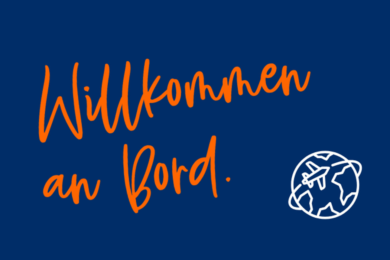 Illustration mit Text "Willkommen an Bord" und Weltkugel