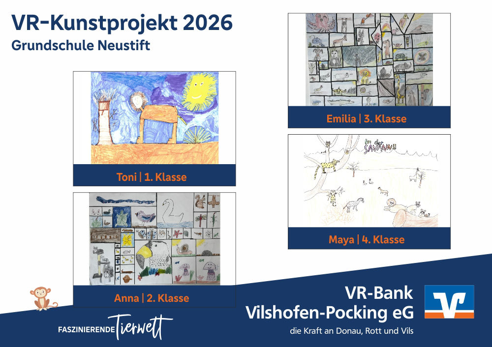 Die vier Gewinnerbilder VR-Kunstprojekt 2026, Grundschule Neustift: Löwe, zweimal Collagen mit verschiedenen Tieren, Savannen-Szene.