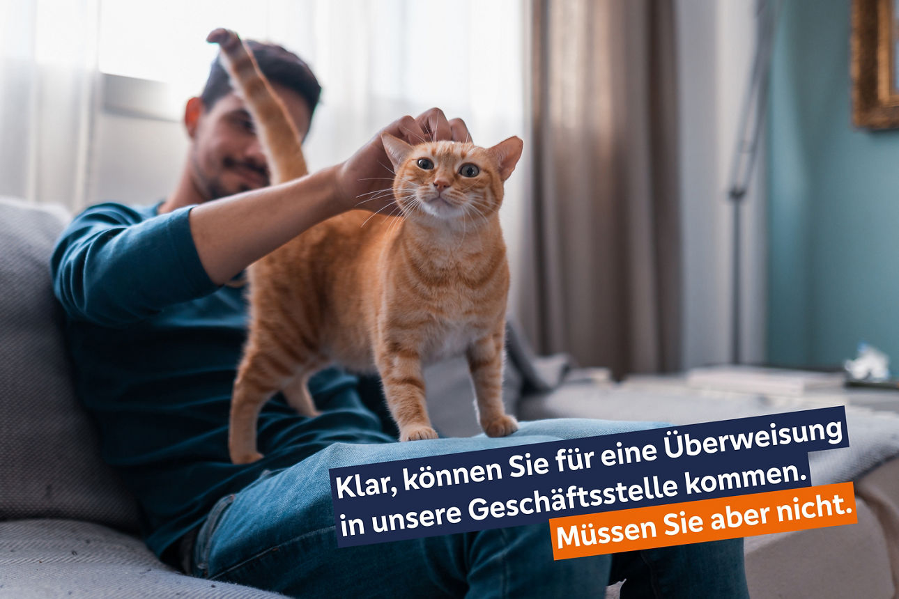 Ein Mann sitzt auf dem Sofa und streichelt eine orangefarbene Katze, die auf seinem Schoß steht.