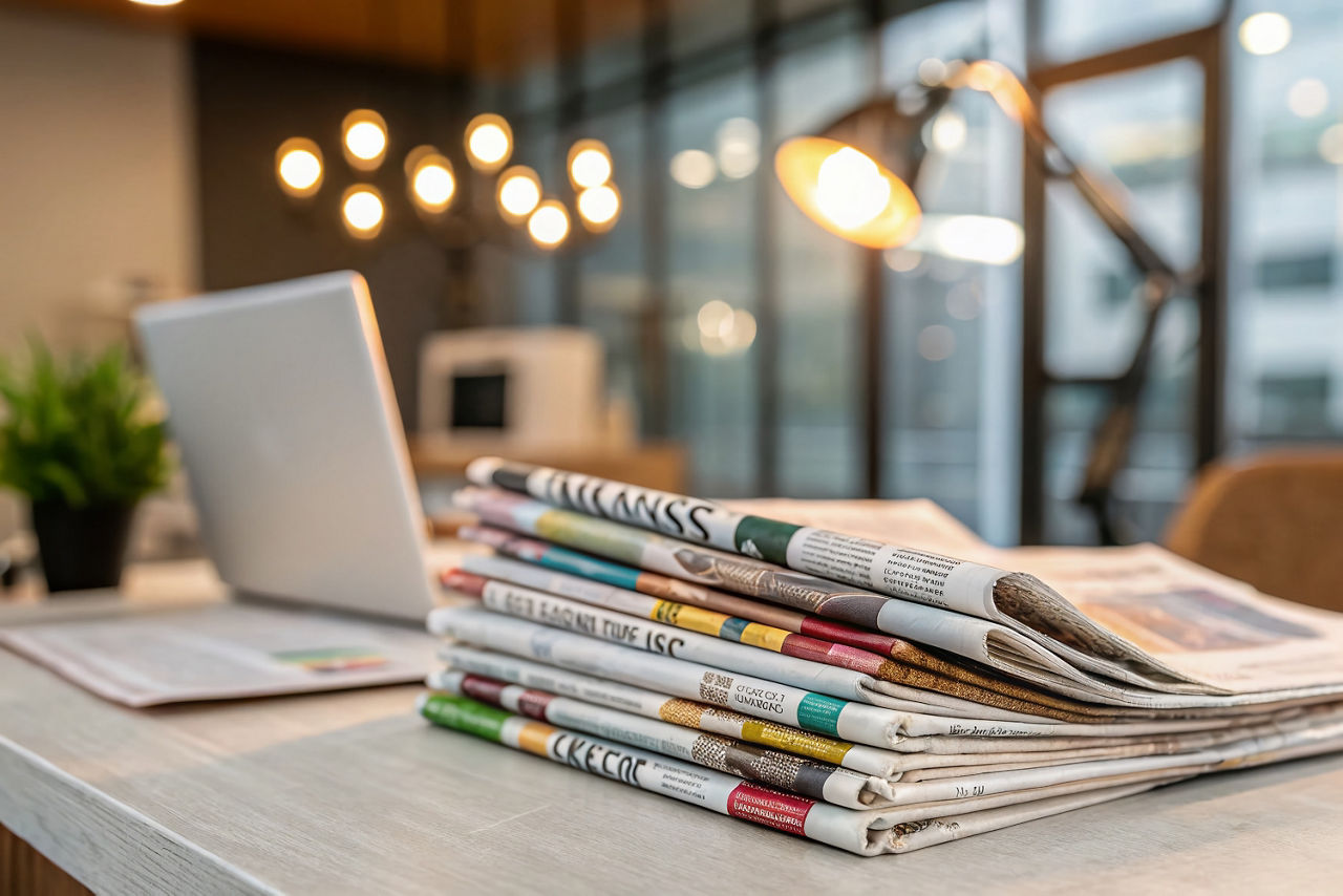 Stapel von Zeitungen auf dem Bürotisch mit aktuellen Finanz- und Wirtschaftsnachrichten