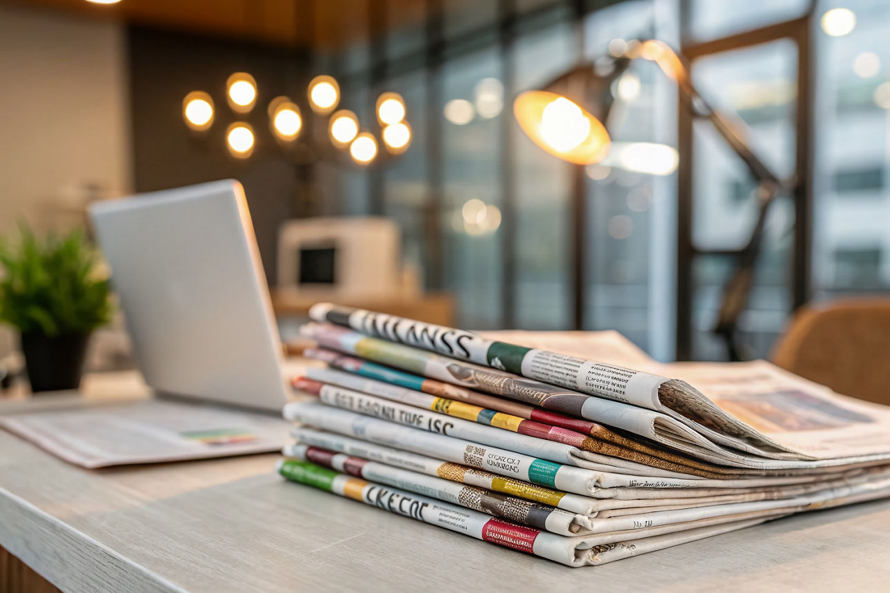 Stapel von Zeitungen auf dem Bürotisch mit den neuesten Finanz- und Wirtschaftsnachrichten