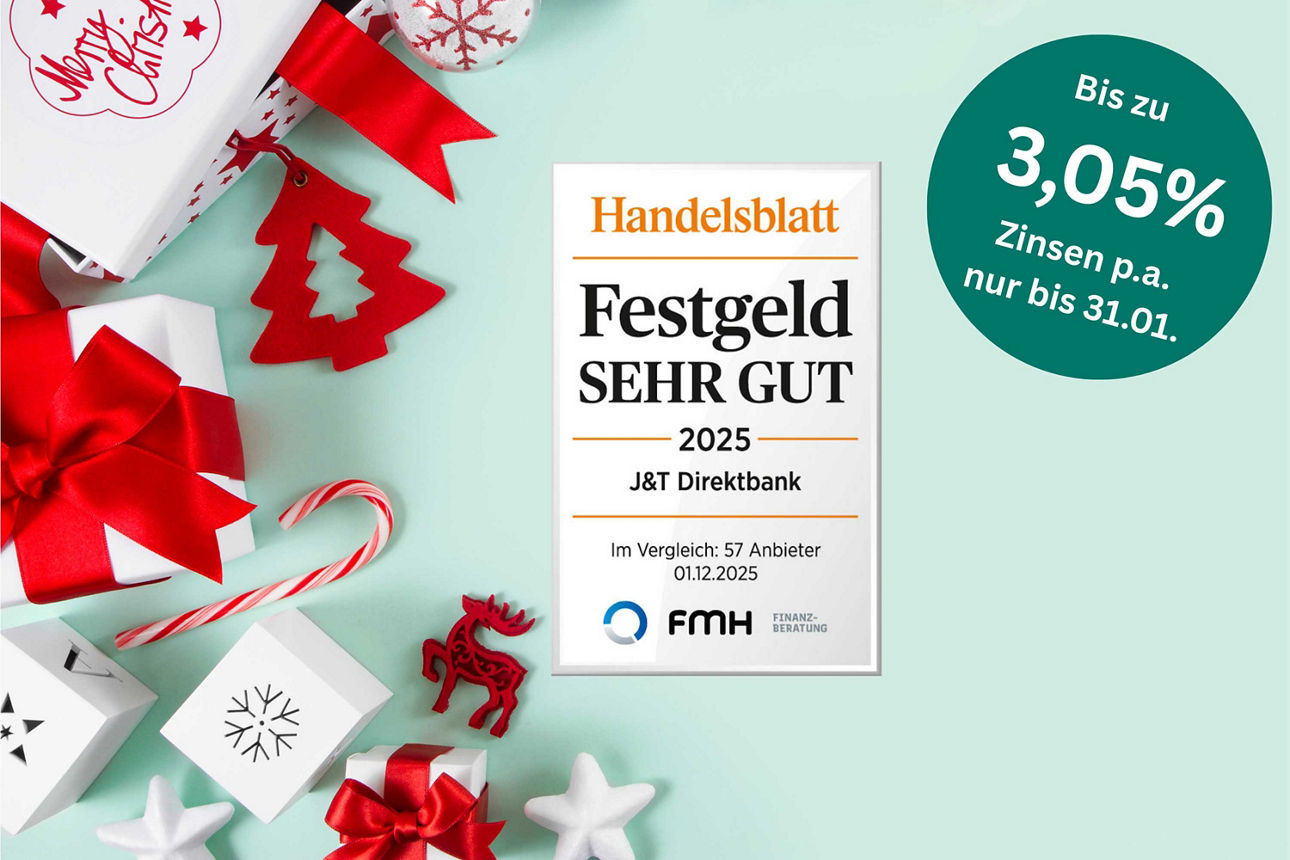 Abbildung vom Handelsblatt-Testsiegel "Festgeld sehr gut 2025 J&T Direktbank" - "Bis zu 3,05% Zinsen p.a. nur bis 31.01."