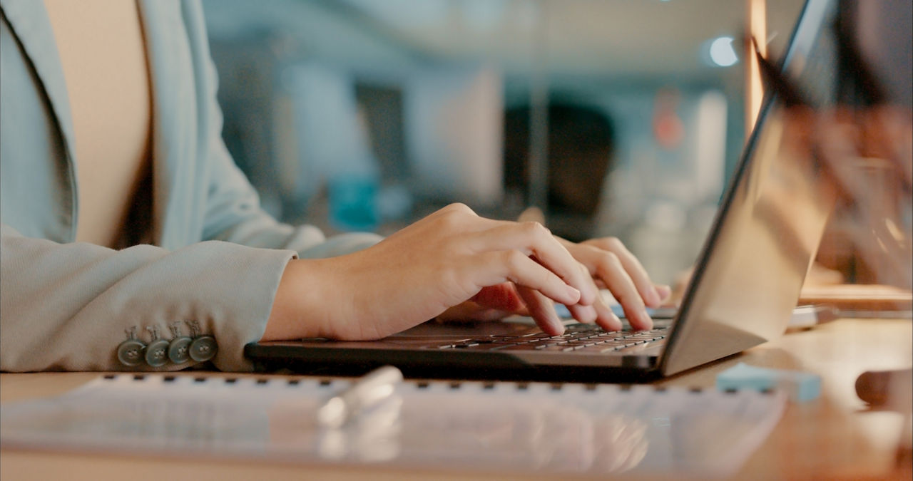 Email marketing, laptop or hands typing 