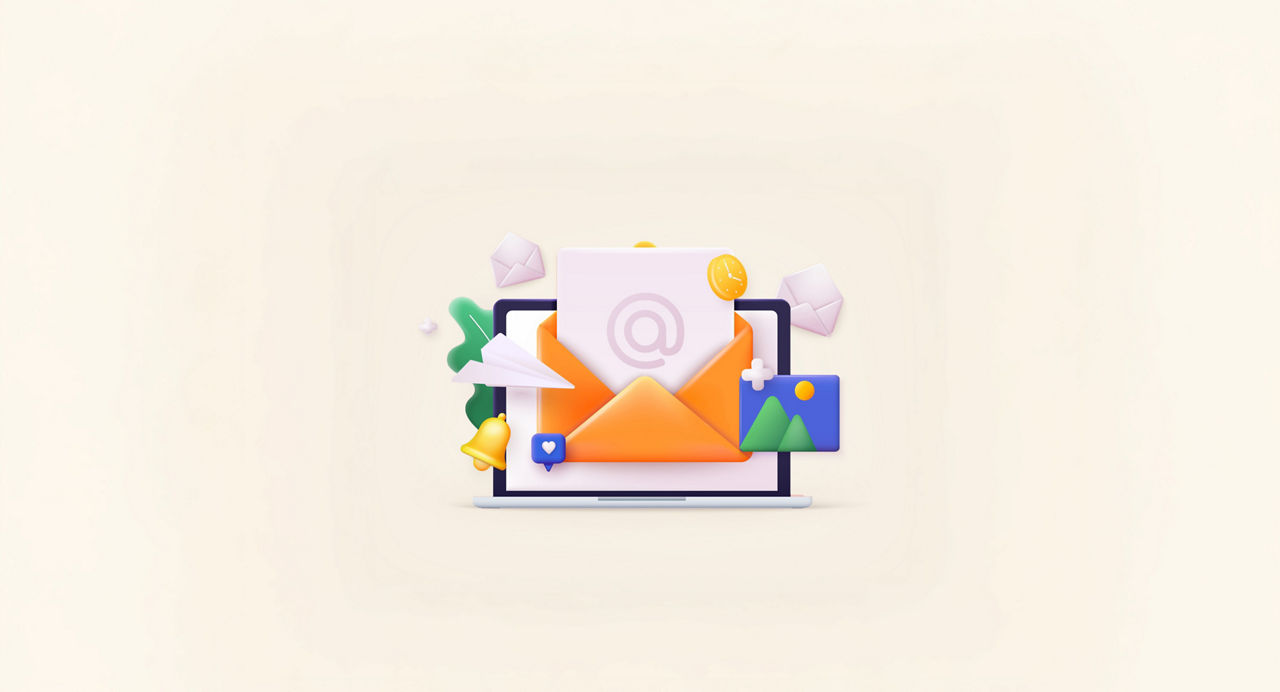 3D-Grafik mit Laptop, Briefumschlag und Symbolen (Glocke, Papierflugzeug, etc.) 