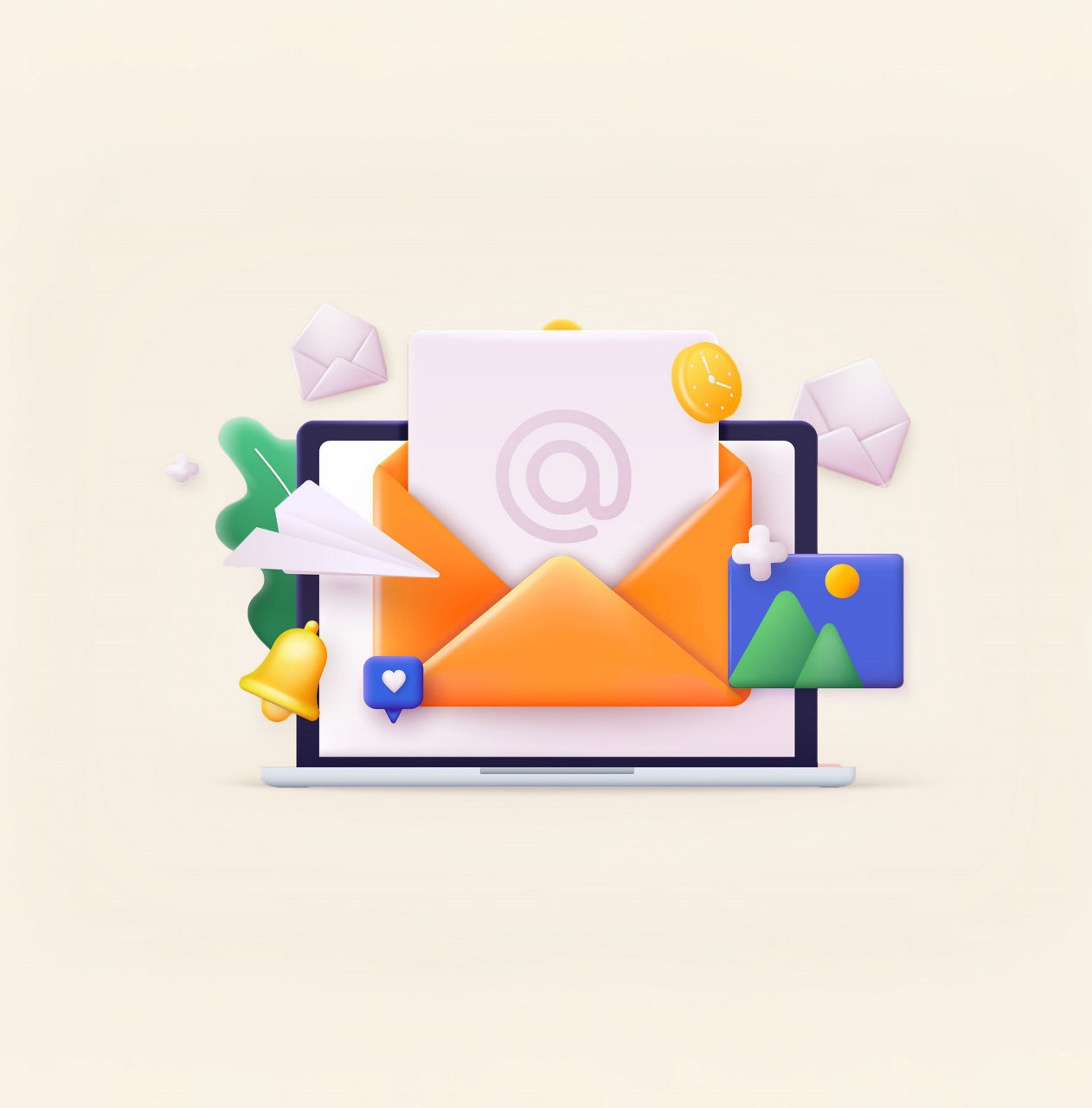 3D-Grafik mit Laptop, Briefumschlag und Symbolen (Glocke, Papierflugzeug, etc.) 