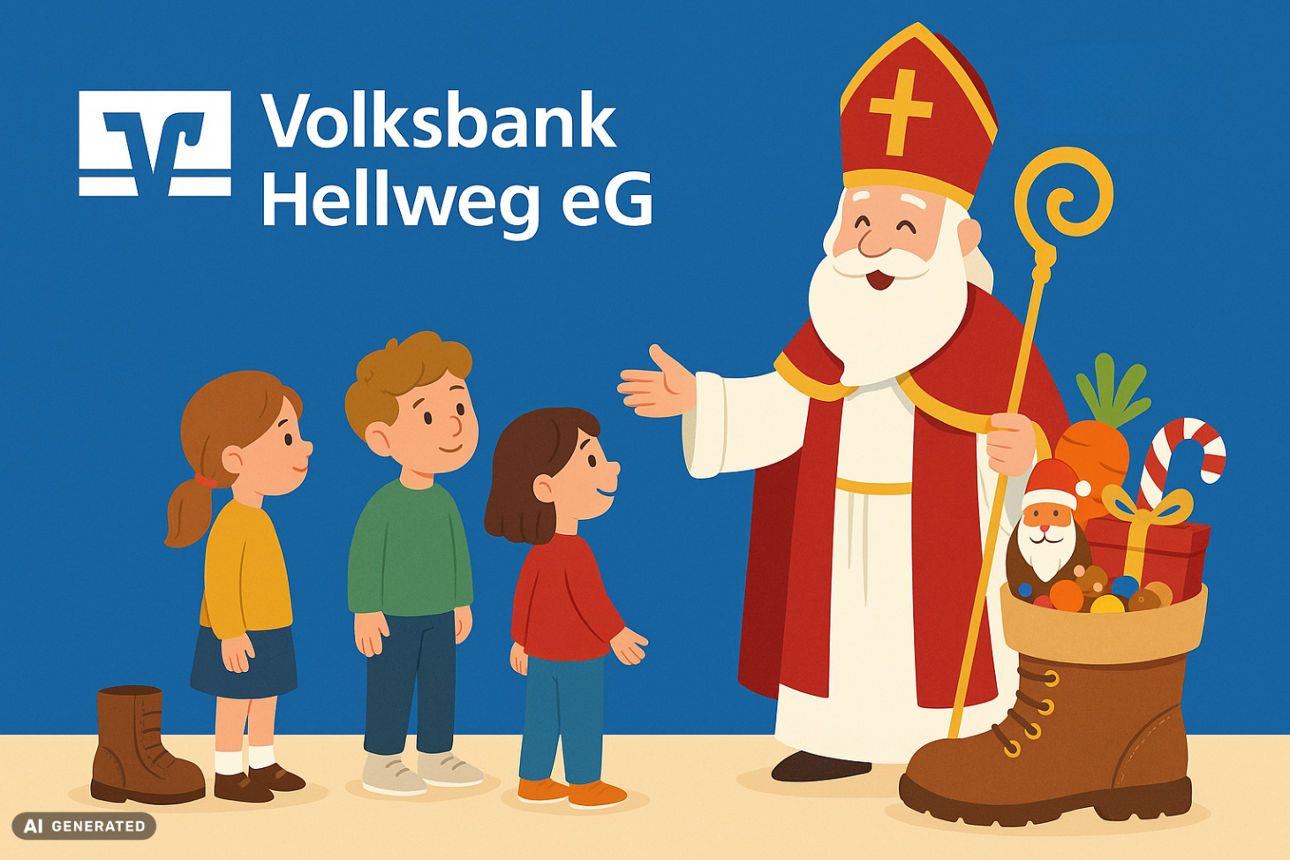 Eine als Nikolaus verkleidete Person mit rotem Mantel, Mitra und weißem Bart hält ein goldenes Buch und stützt die Hand auf e