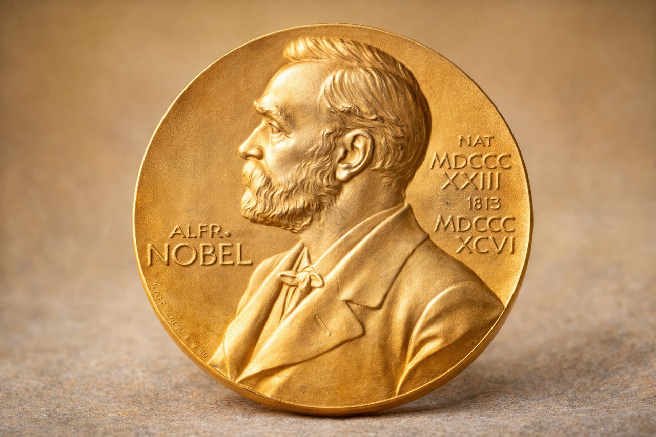 Nobel Prize Gold Medal with Alfred Nobel Profile on Neutral Background