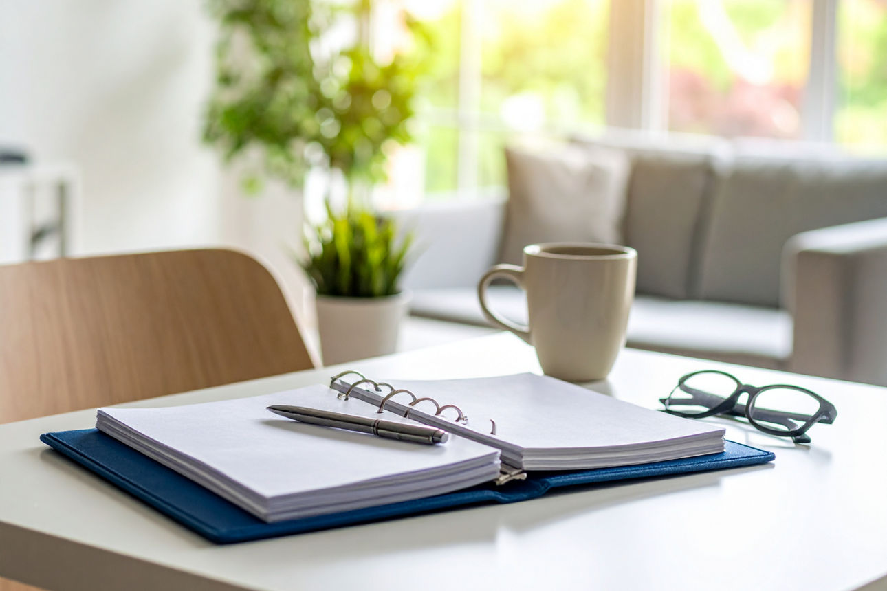 Ein aufgeschlagener Ordner liegt neben einer Brille auf einem Schreibtisch