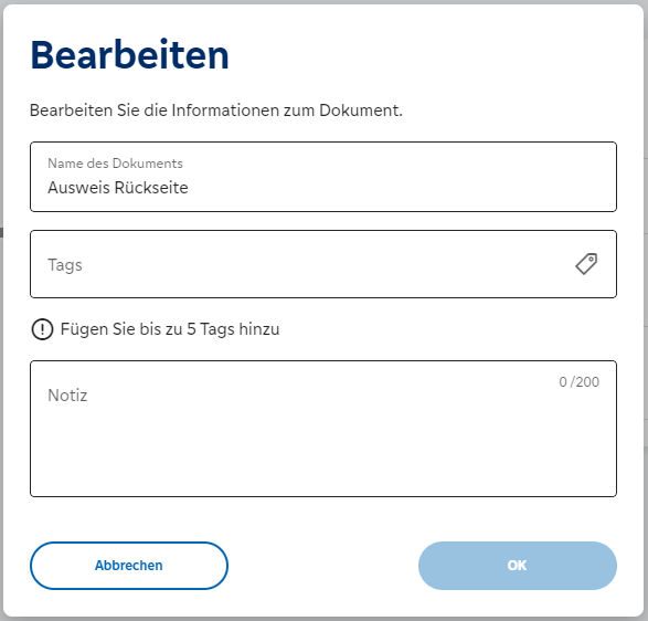 Ansicht der Notizerfassung bei persönlichen Dokumenten