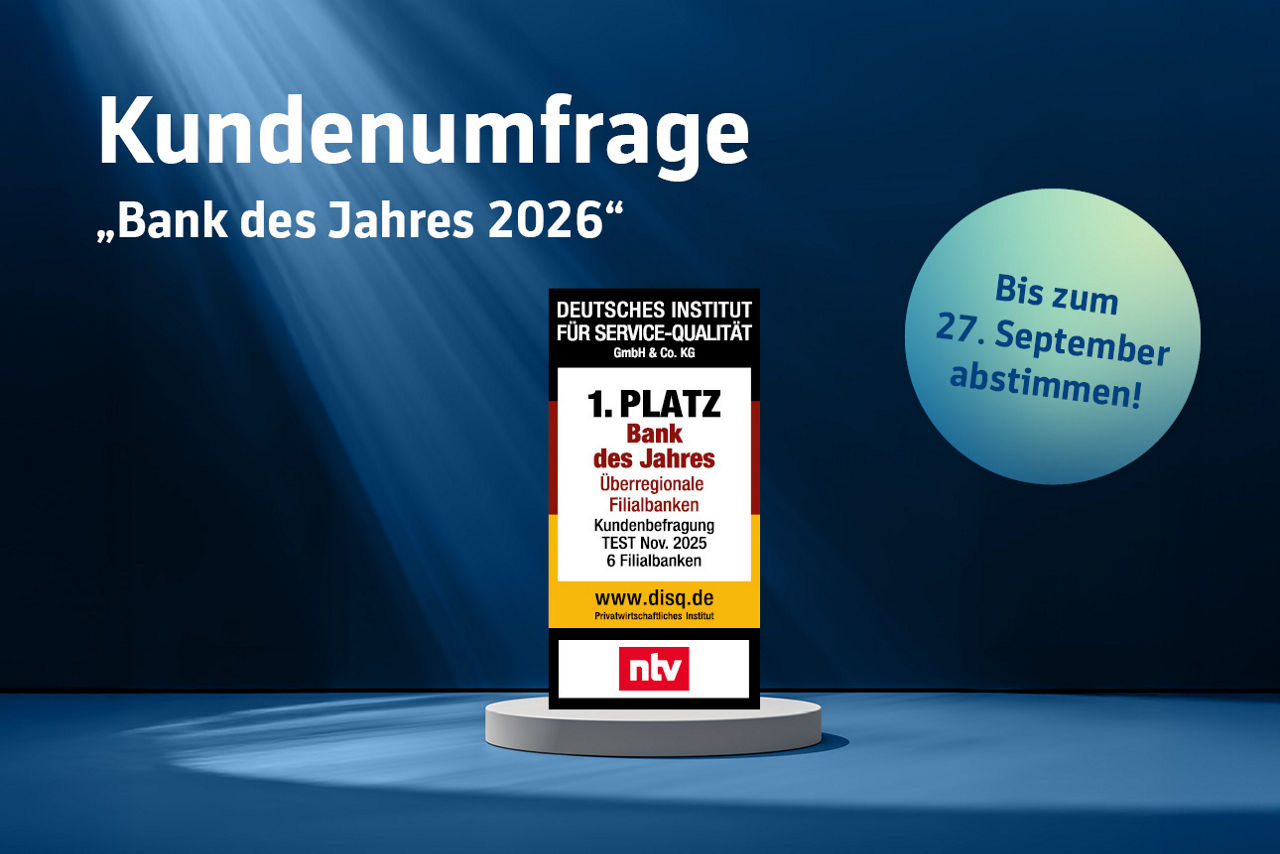 Blauer Hintergrund mit Schriftzug auf dem steht: Kundenumfrage "Bank des Jahres 2026"