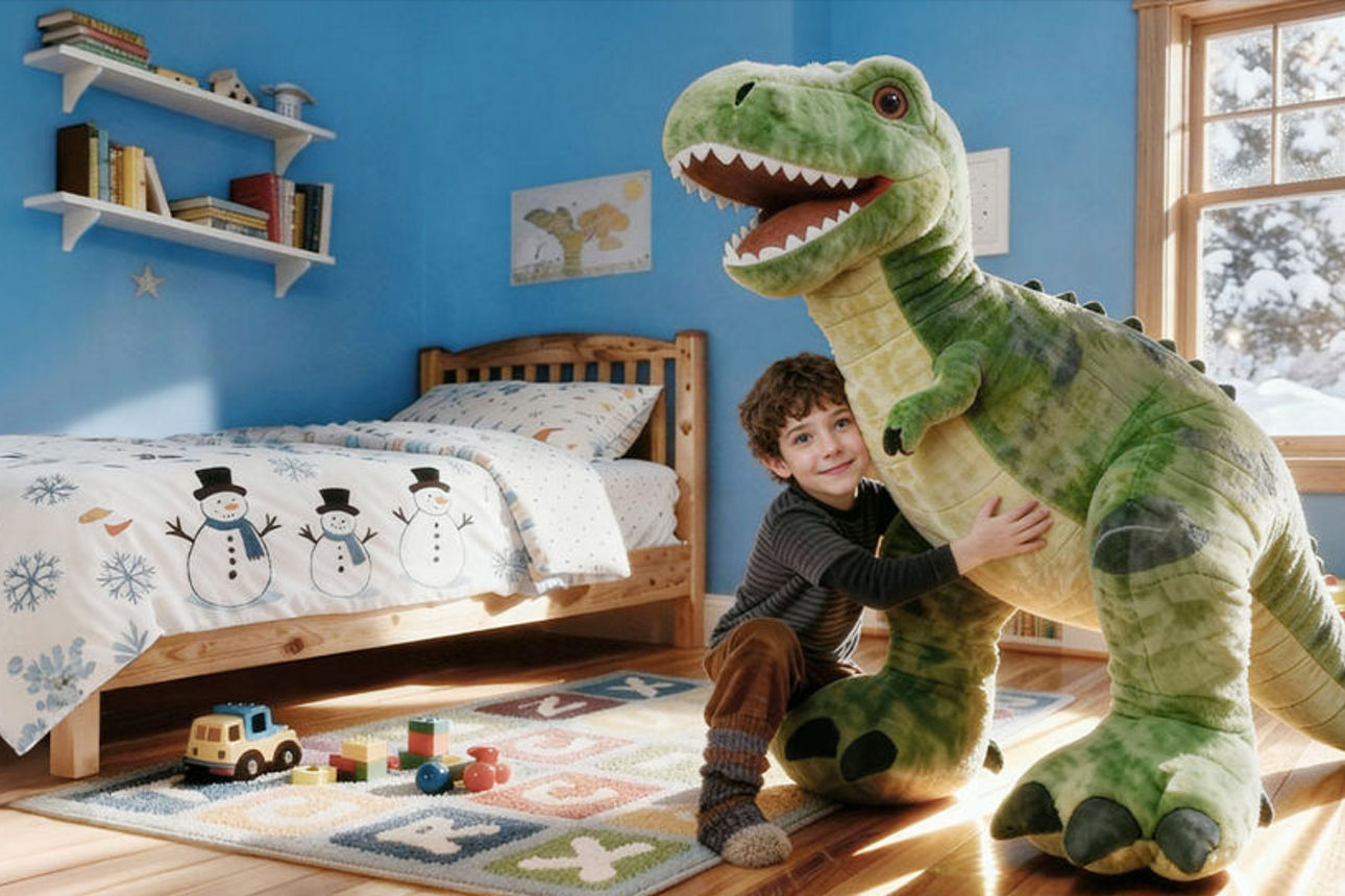 Kleiner Junge mit Dinosaurier-Kuscheltier