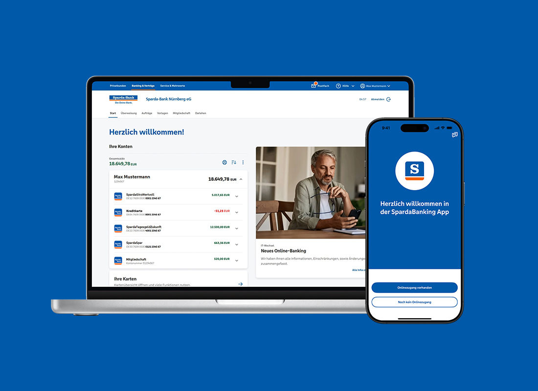 Laptop und Smartphone mit Online-Banking auf einem dunkelblauen Hintergrund