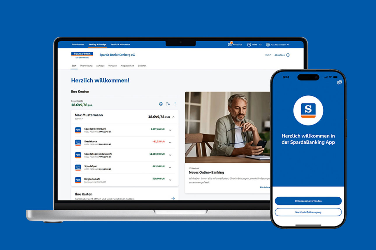 Laptop und Smartphone mit Online-Banking auf einem dunkelblauen Hintergrund