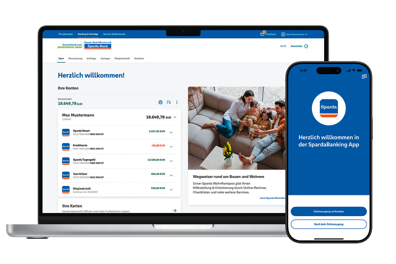 Ansichten des Online-Bankings im Web und die SpardaBanking App