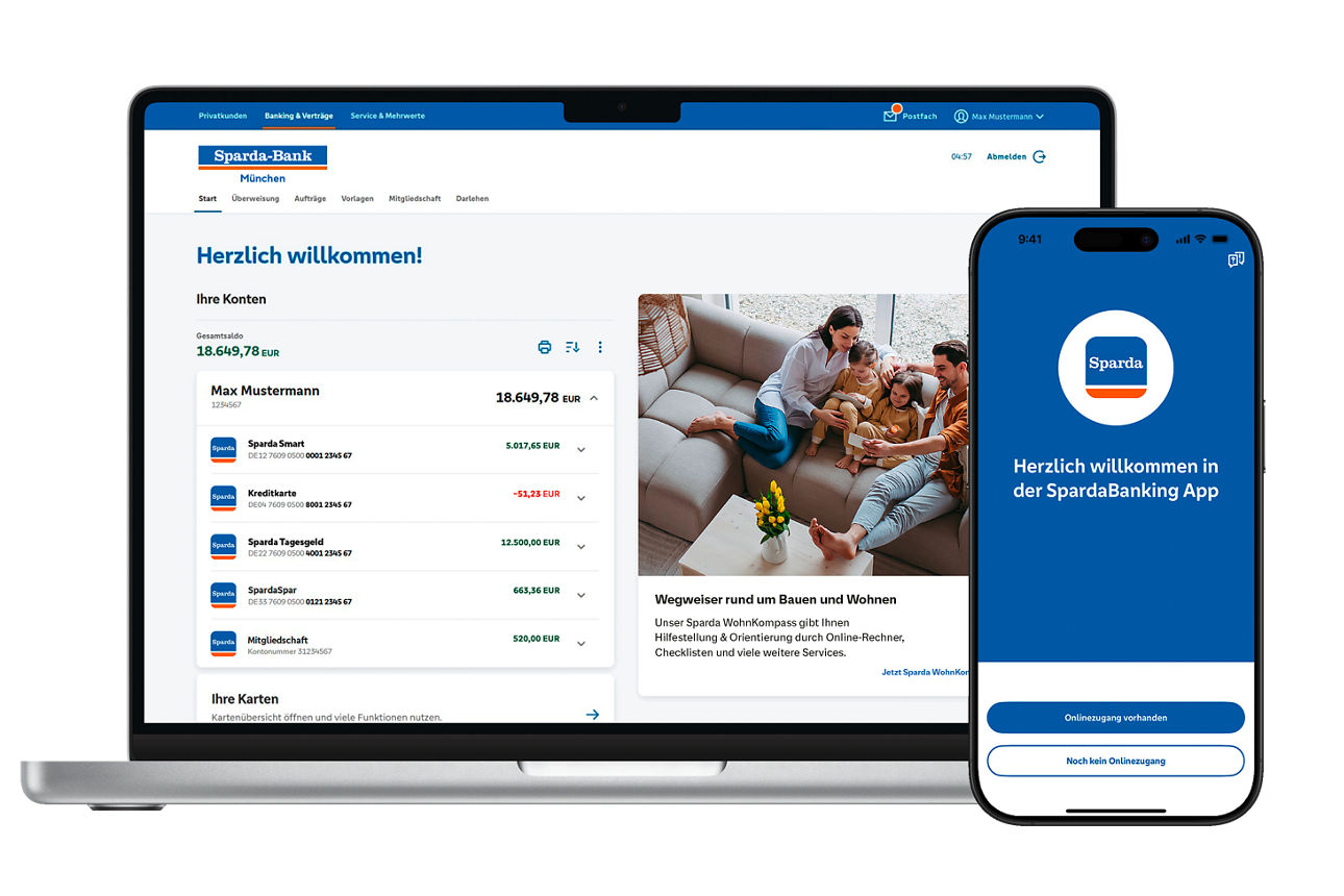 Ansichten des Online-Bankings im Web und die SpardaBanking App