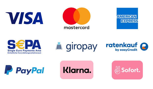 VISA, mastercard, American Express, Sepa, giropay, ratenkauf, paypal, Klarna, Sofort
