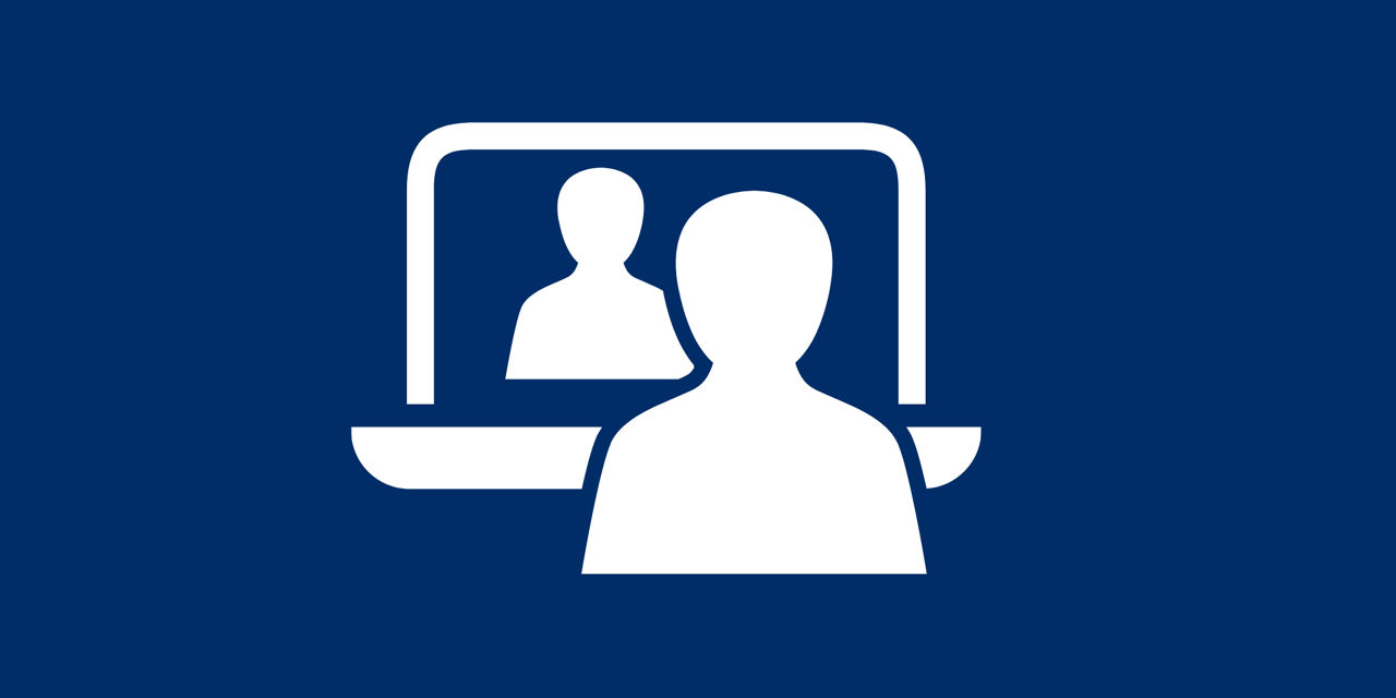 Symbol einer Person vor einem Laptop mit einer weiteren Person auf dem Bildschirm, auf blauem Hintergrund.