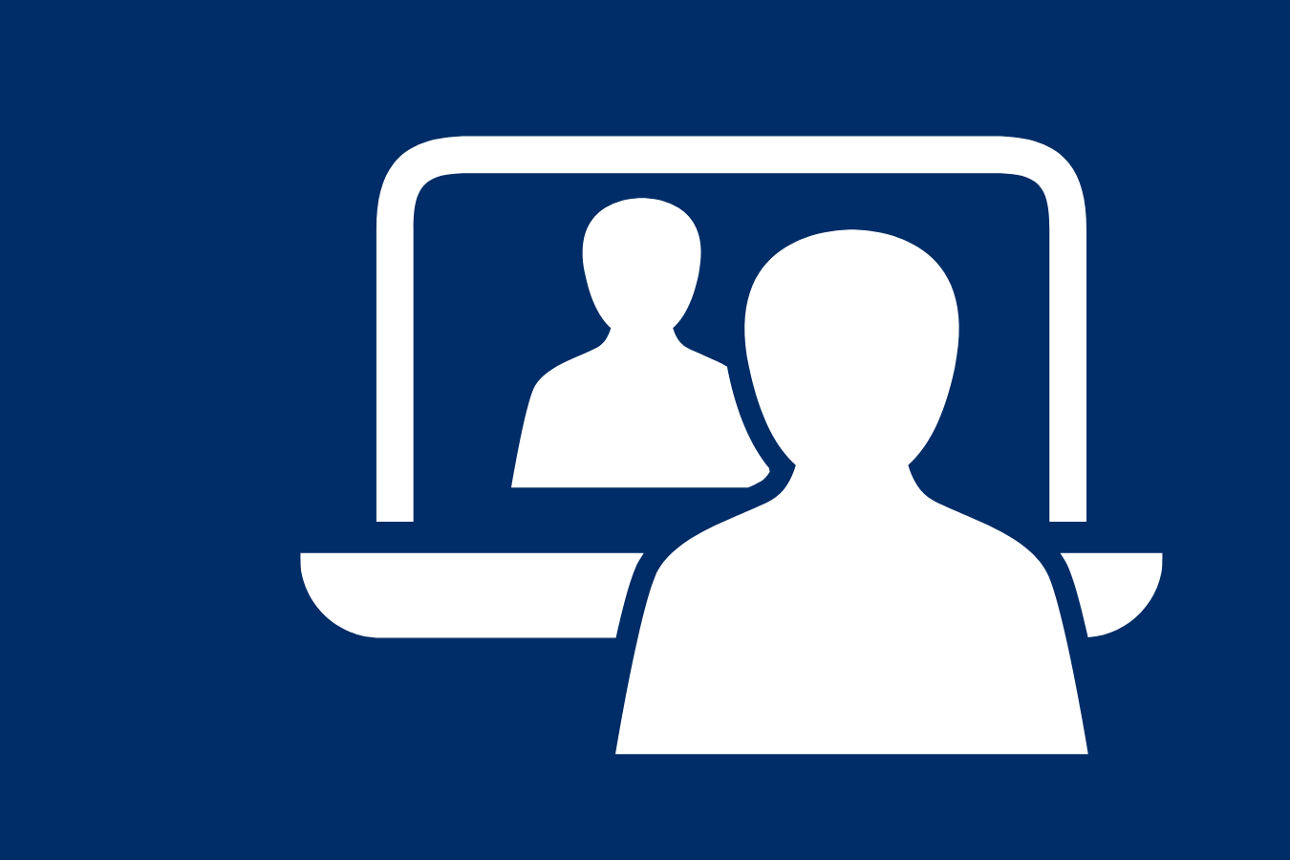 Symbol einer Person vor einem Laptop mit einer weiteren Person auf dem Bildschirm, auf blauem Hintergrund.