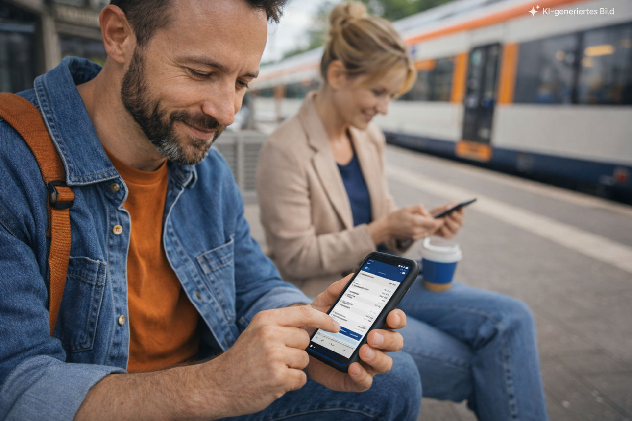 Mann am Bahnsteig nutzt Online-Banking am Smartphone, im Hintergrund eine Frau und ein Zug.